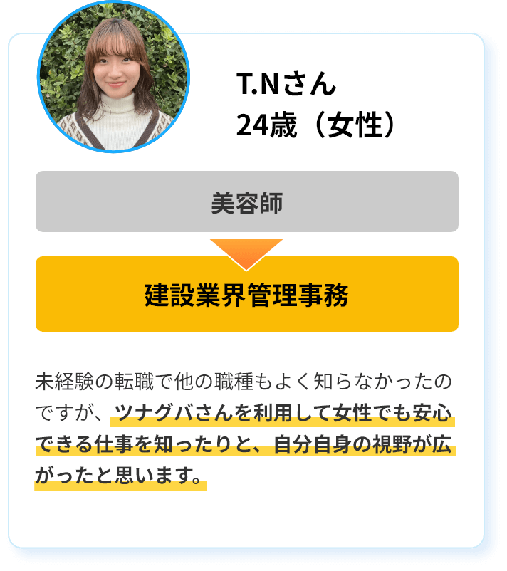 T.Nさん24歳（女性）美容師→建設業界管理事務　未経験の転職で他の職種もよく知らなかったのですが、ツナグバさんを利用して女性でも安心できる仕事を知ったりと、自分自身の視野が広がったと思います。